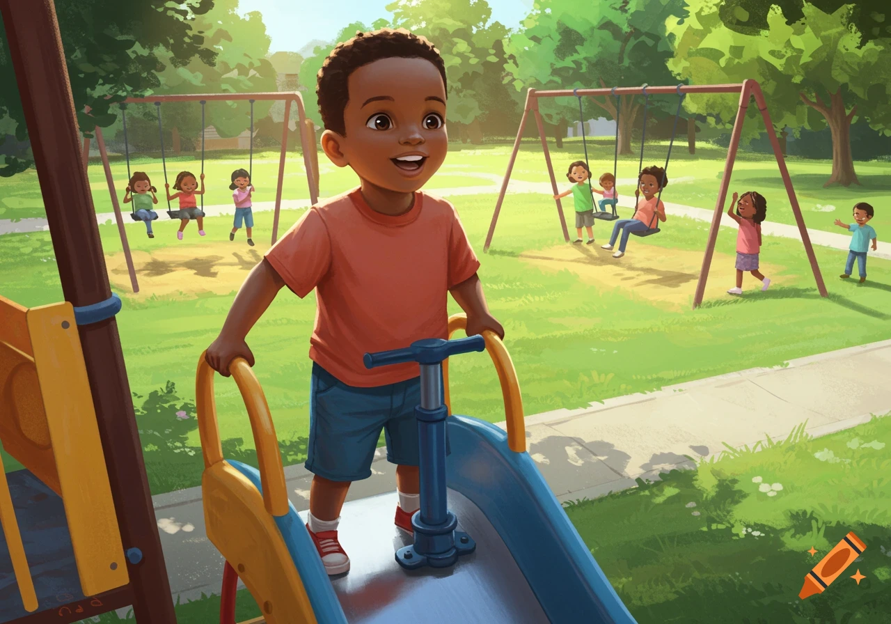 Cheerful black boy on a playground slide, other children play on swings in the sunny background, illustration.