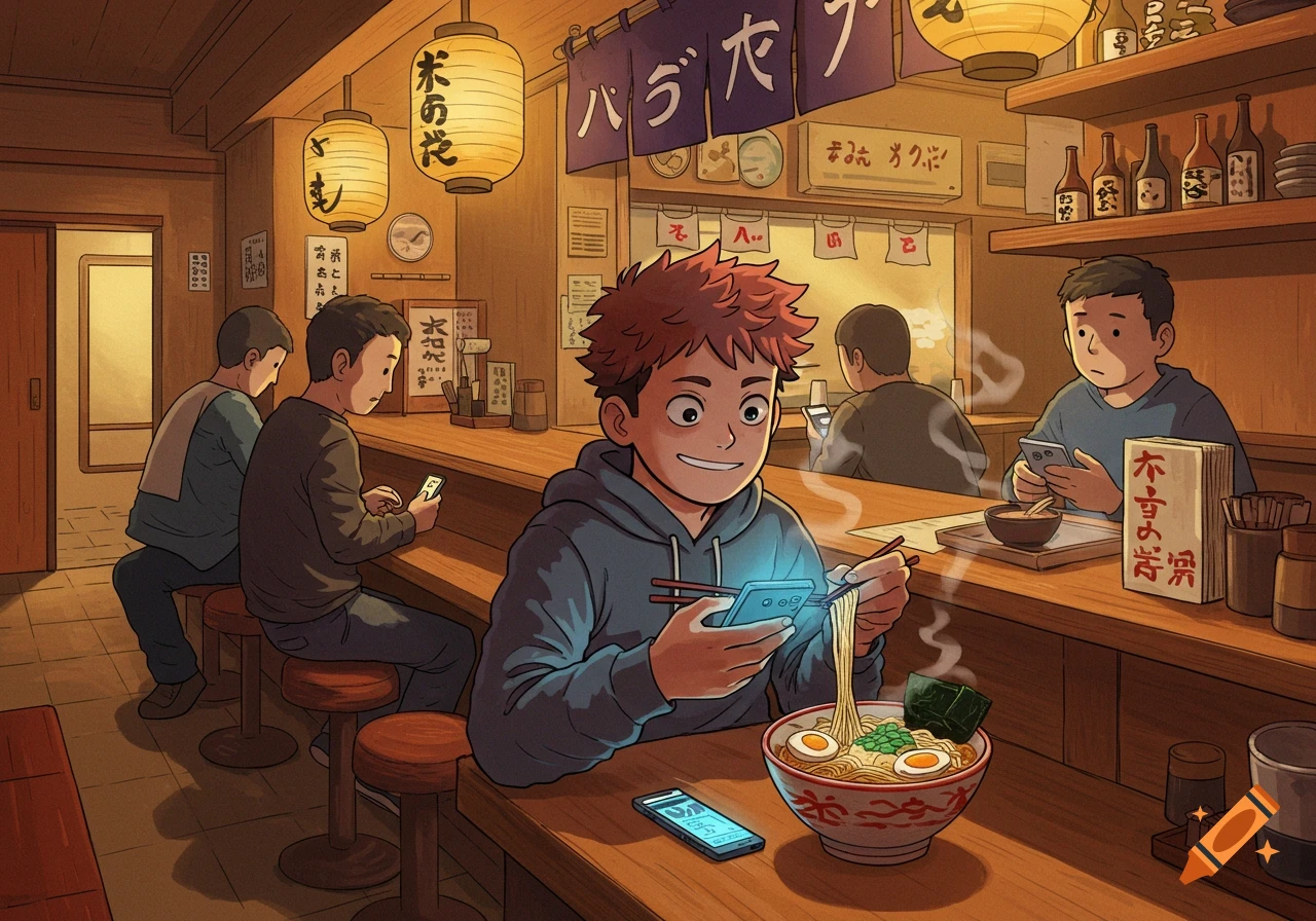 An anime-style illustration of people eating ramen in a brightly lit Japanese restaurant, engrossed in their smartphones.