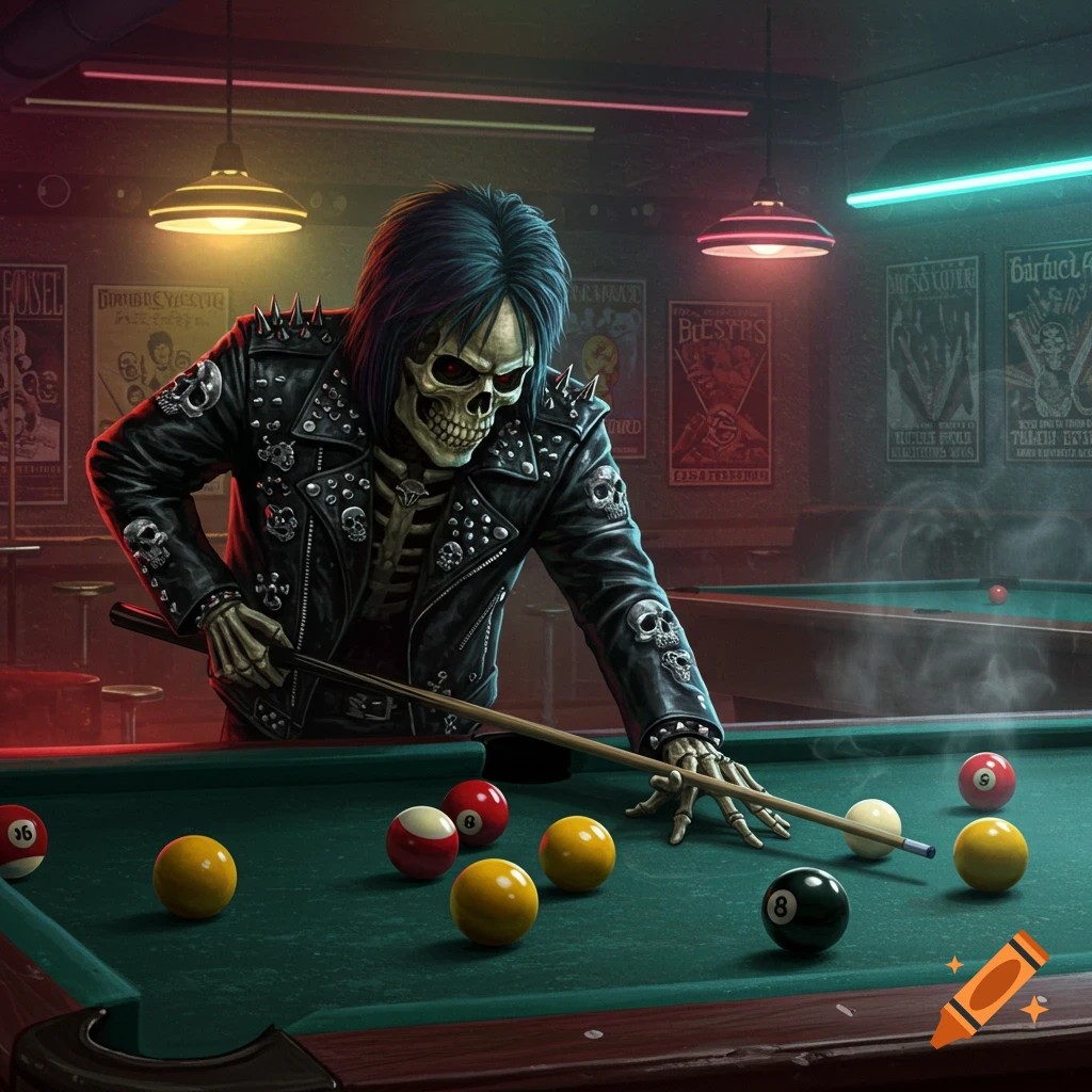 A stylized rockstar skeleton with dark hair and a spiked leather jacket plays 8-ball pool in a dimly lit bar.