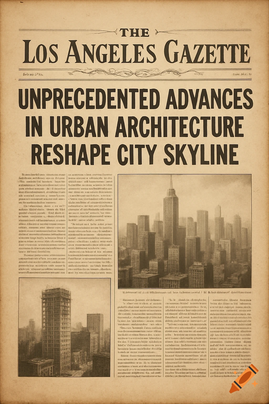 A vintage newspaper front page titled 'The Los Angeles Gazette' with headlines about urban architecture and images of city skylines.