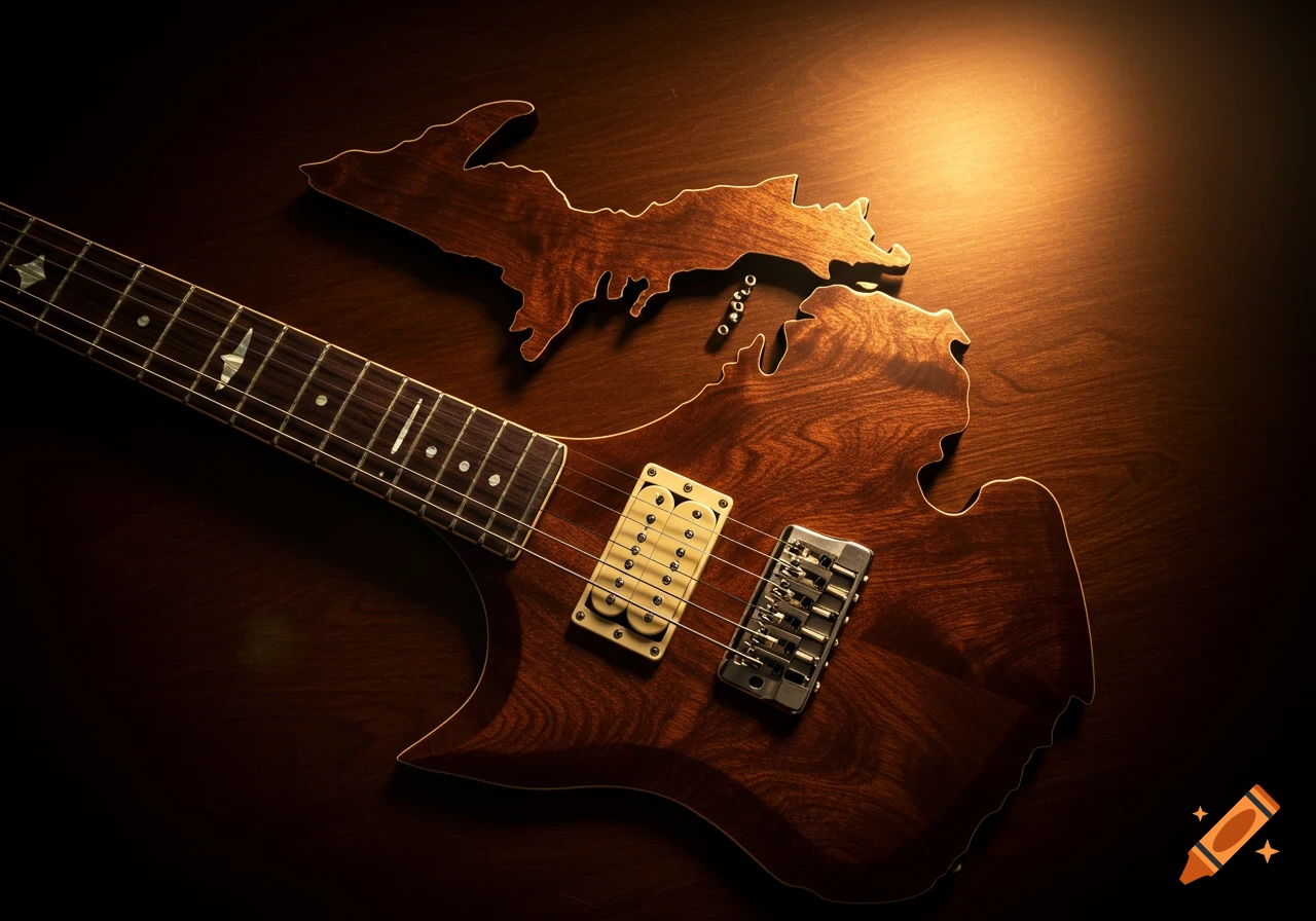 A close-up of a wooden electric guitar next to a wooden Michigan state map cutout on a dark wooden surface, warmly lit.