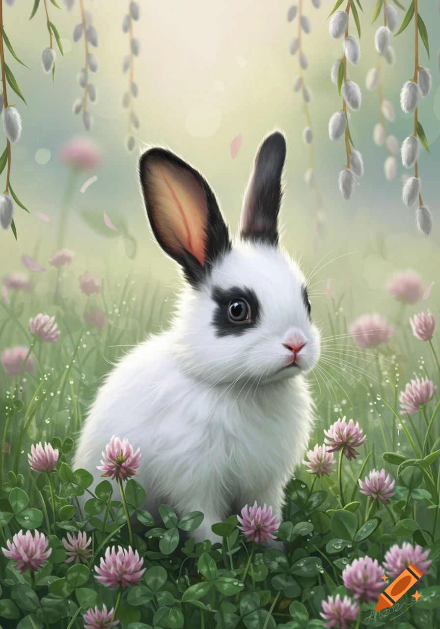 A white and black bunny with large ears sits among pink clover flowers and green leaves, with soft pussy willows above in a vibrant illustration.