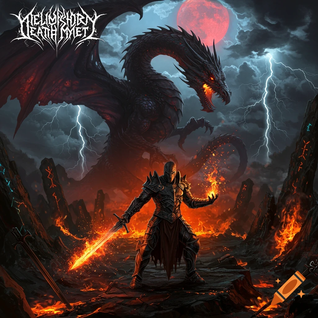 An armored knight with a glowing sword and fire faces a large black dragon in a volcanic, stormy landscape under a red moon. Dark fantasy art.