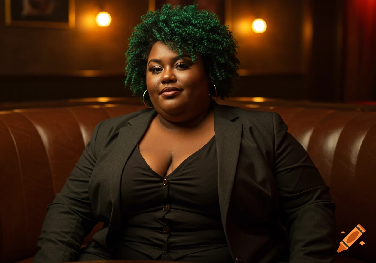 Photorealistic portrait of a woman with green curly hair in a black suit, seated on a brown leather couch.