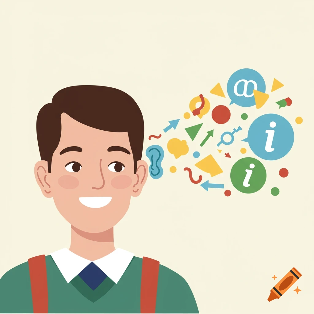 Vector illustration of a smiling man with abstract symbols like 'i' and 'æ' flowing from his ear, representing communication and information.