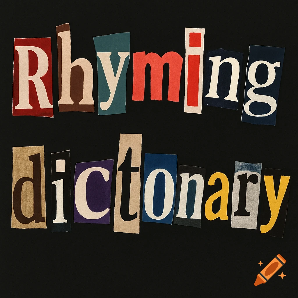 The words 'Rhyming dictionary' spelled out in mismatched, cut-out magazine letters on a black background, resembling a ransom note.