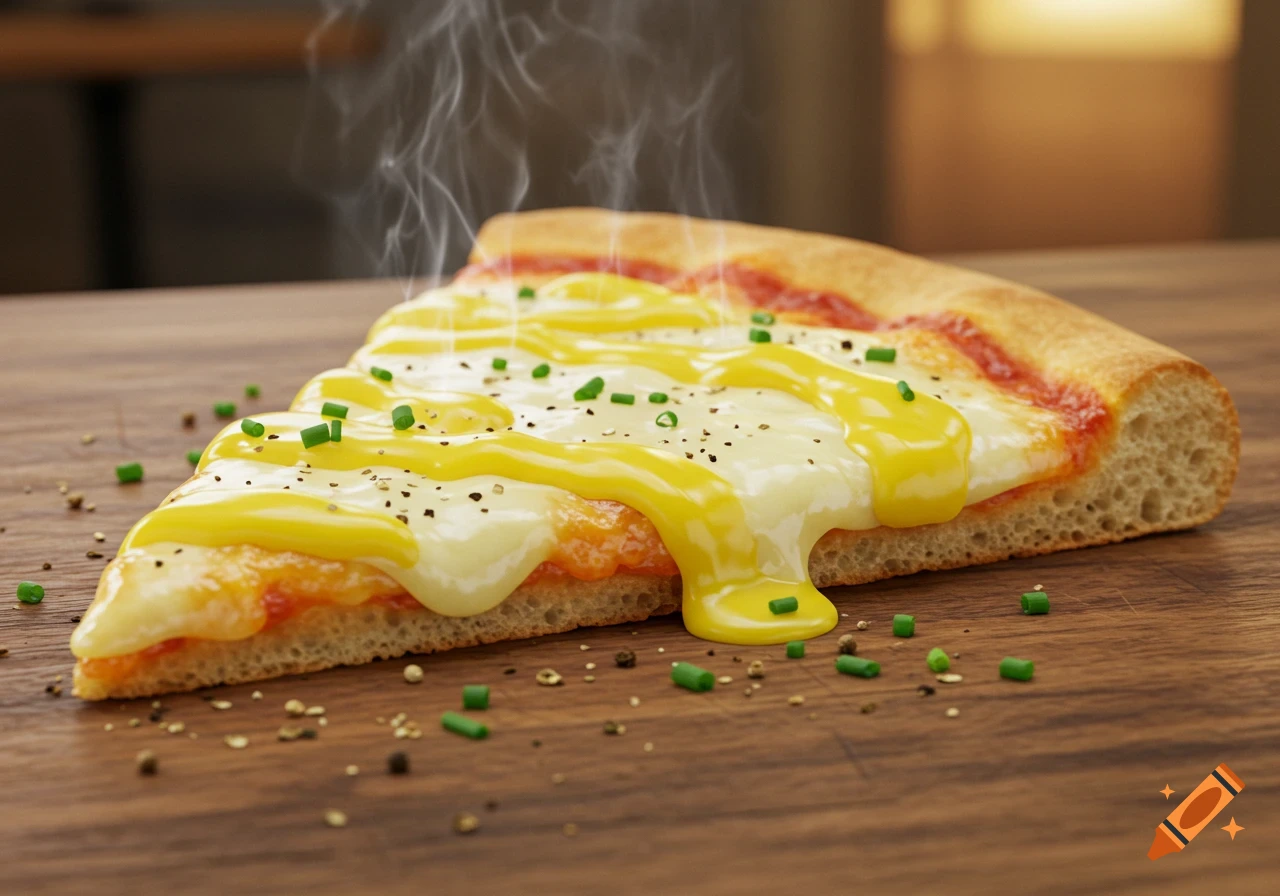 A hot slice of pizza with melted cheese, yellow egg sauce, chives, and steam on a wooden table, photorealistic style.