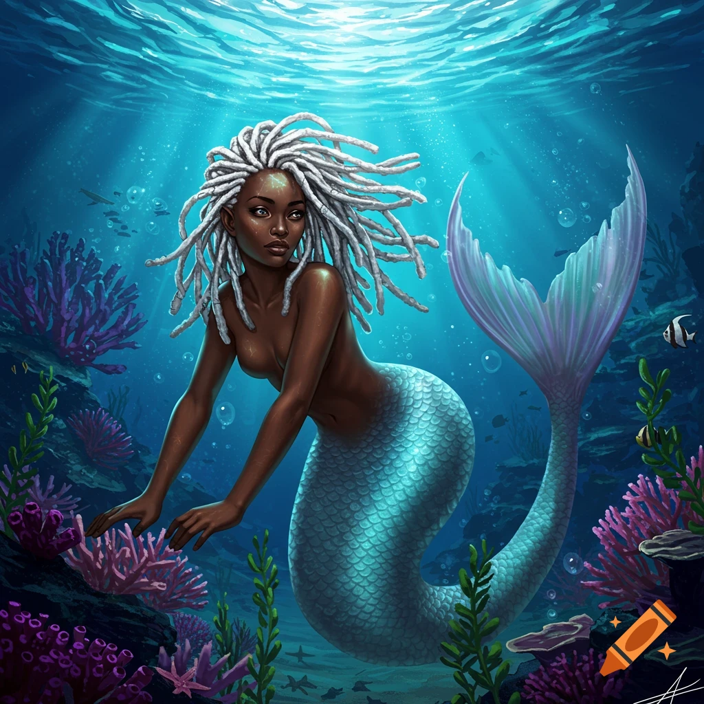 An African American mermaid with white dreadlocks swims in a vibrant blue ocean among colorful coral.