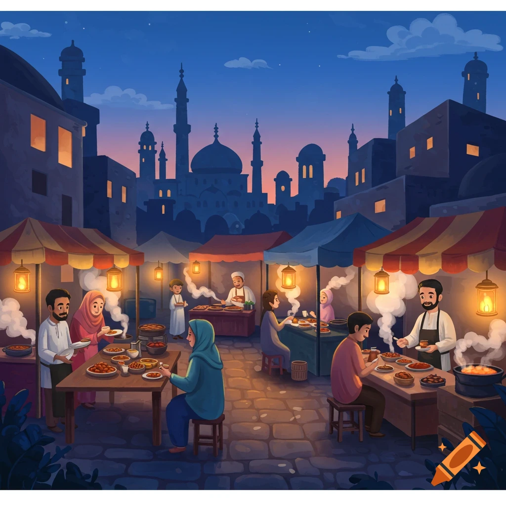 Illustrated night market scene with people eating at food stalls under glowing lanterns, mosques in background at dusk.