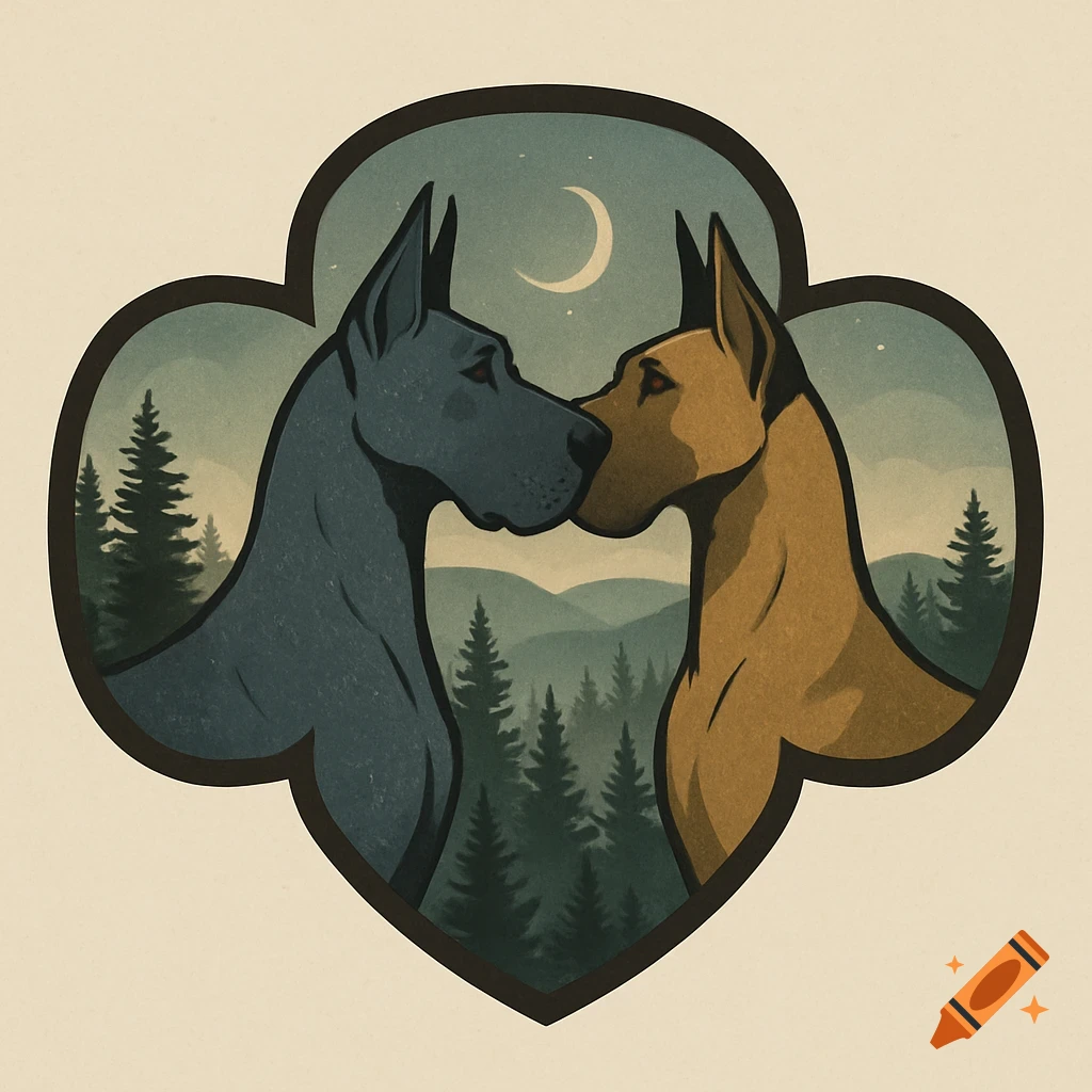Two stylized Great Danes face each other in a badge-like frame, against a pine forest and night sky with a crescent moon.