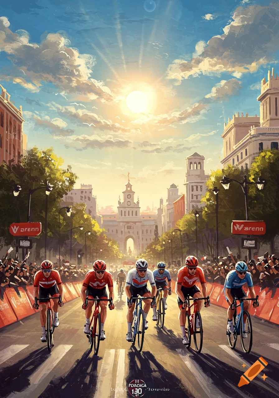 Impressionistic painting of cyclists racing down a sunny city street, with spectators and historic buildings in the background.