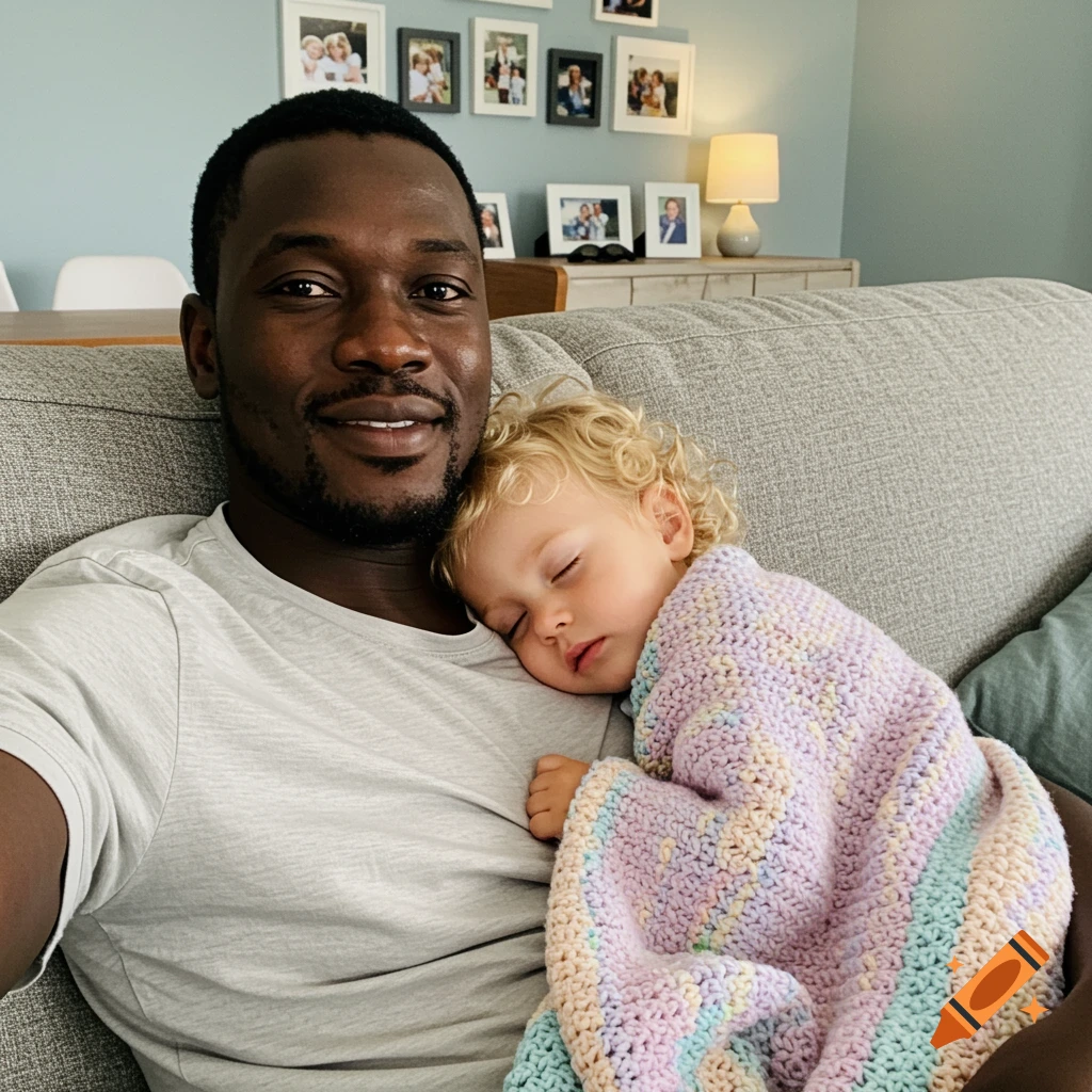 A smiling African man takes a selfie on a couch while a blond child sleeps on his chest under a pastel blanket.