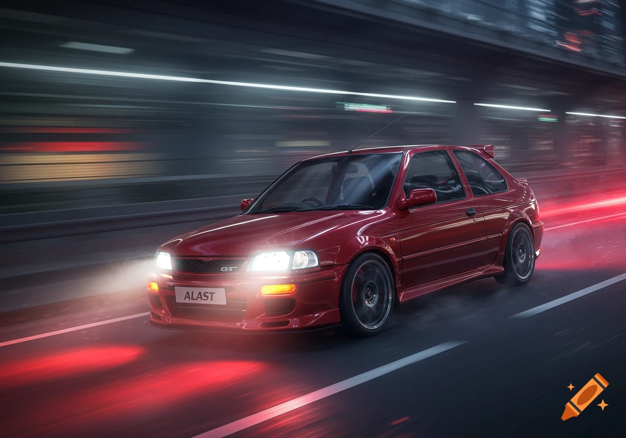 A red sports car with headlights on, speeding through a city tunnel at night with motion blur.