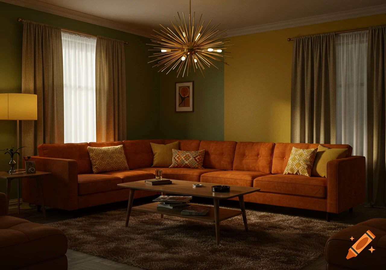 A photorealistic 70s retro living room with a burnt orange sectional sofa, olive green and mustard yellow walls, and a brass sunburst chandelier.
