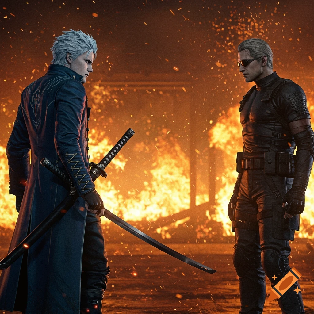 Vergil and Wesker from video games stand ready to duel with swords in a burning building.