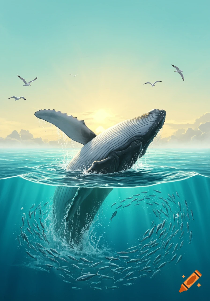 A majestic humpback whale breaches from the clear blue ocean, surrounded by a swirling school of fish and seagulls flying under a sunny sky.