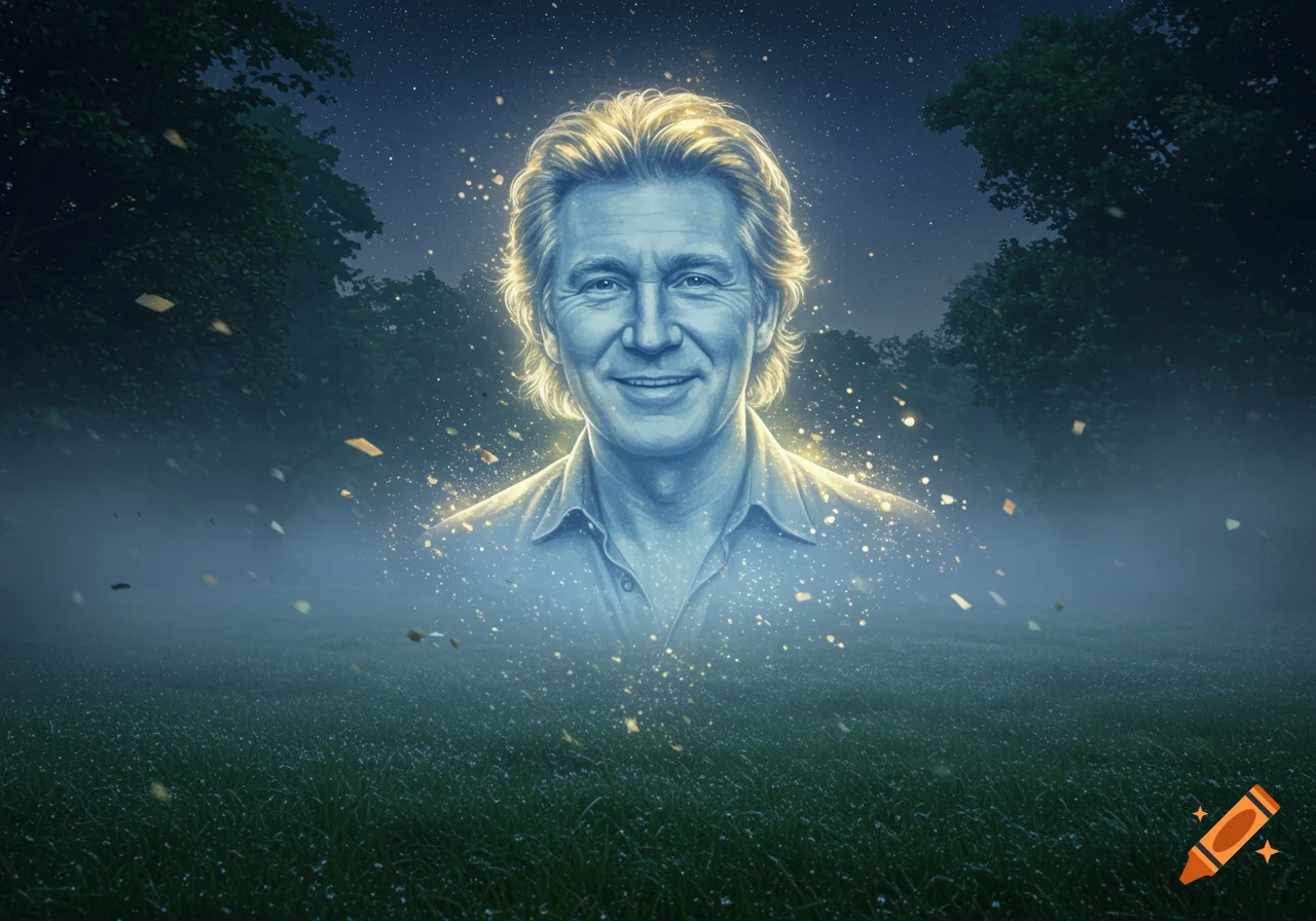 Glowing, ethereal bust of a smiling blond man floating over a misty field at night under a starry sky.