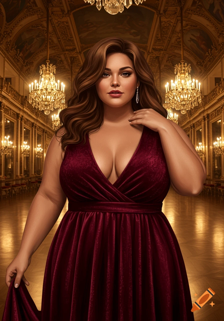 Photorealistic portrait of a plus-size woman in a deep red velvet V-neck gown in a luxurious ballroom with chandeliers.