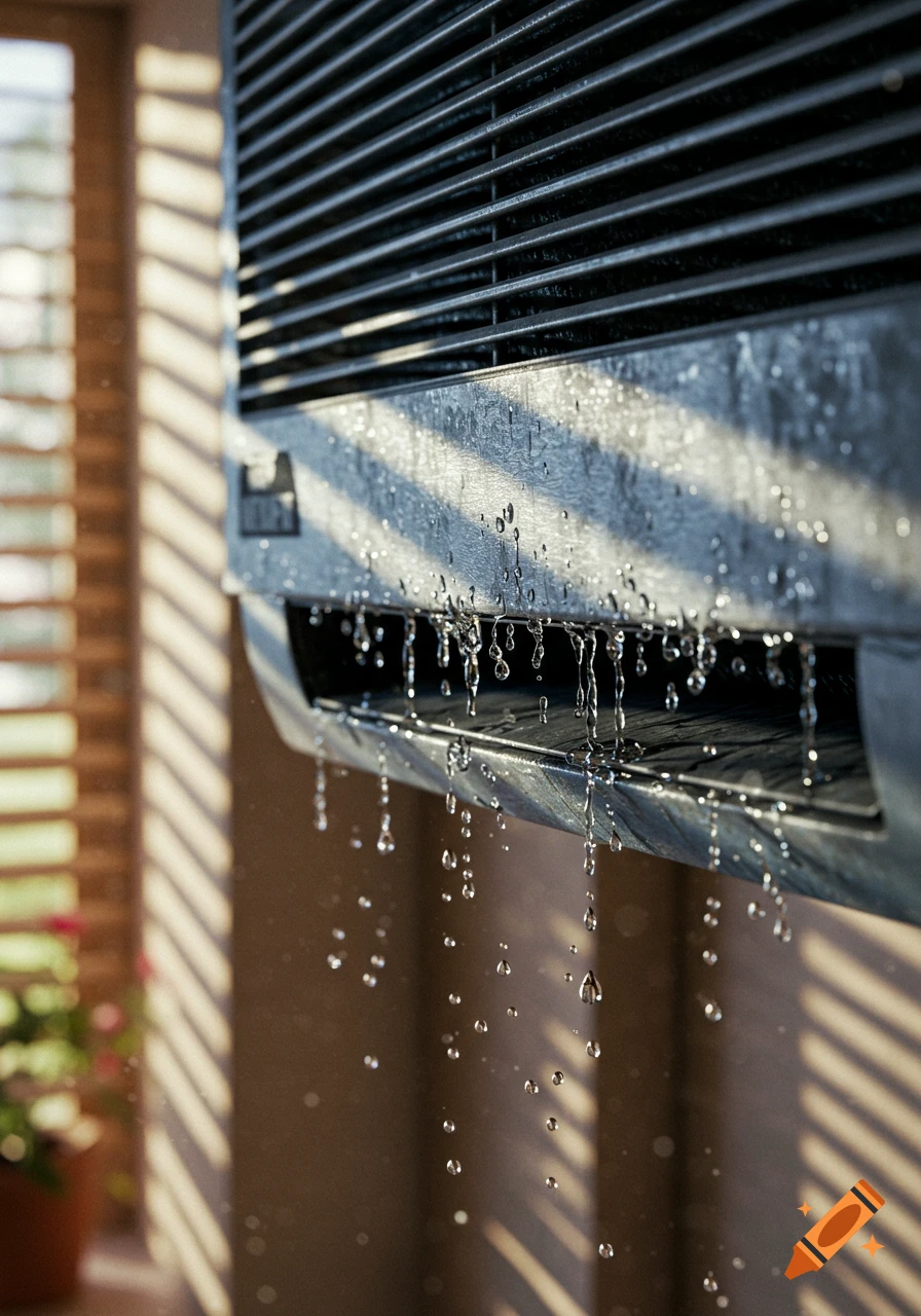 Close-up photorealistic shot of a window air conditioner dripping water droplets in a sunlit room.