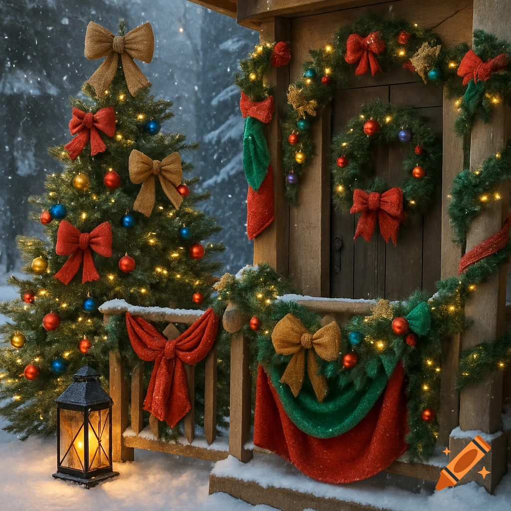 A cozy cabin porch and a large Christmas tree, both heavily decorated with bows, ornaments, and lights, covered in snow during winter.