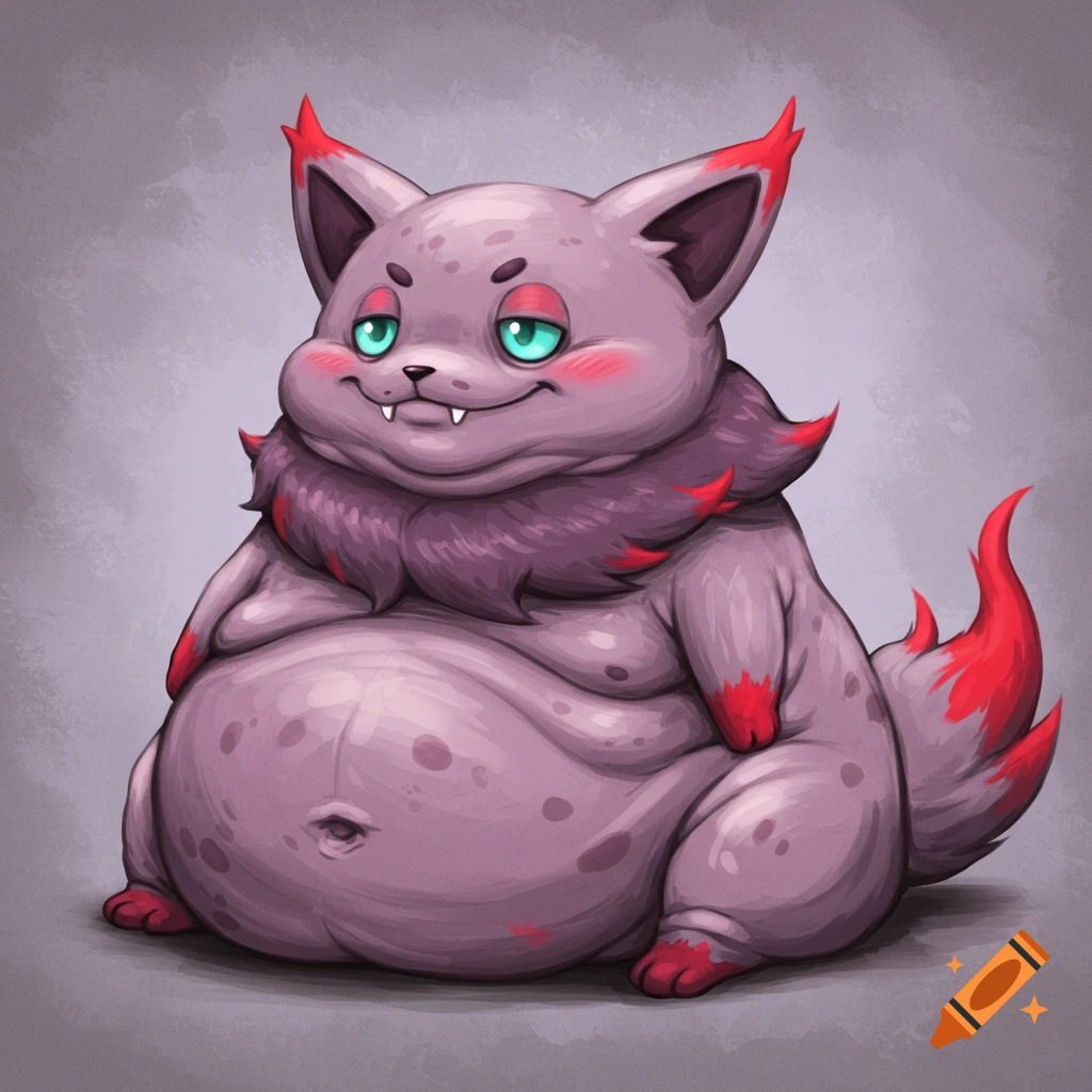 A morbidly obese pink and purple cartoon fox-like creature with red accents, turquoise eyes, and small fangs, sitting with a large belly.