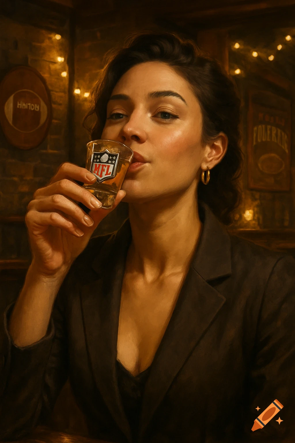 A photorealistic painting of a woman in a dark suit drinking a shot of liquor from a glass with an NFL logo in a dimly lit bar.