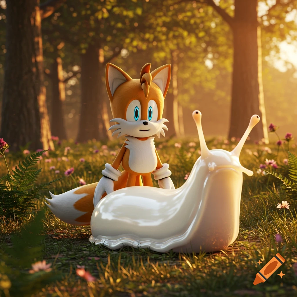 Tails the fox stands in a sunlit forest next to a giant white slug on the grass.