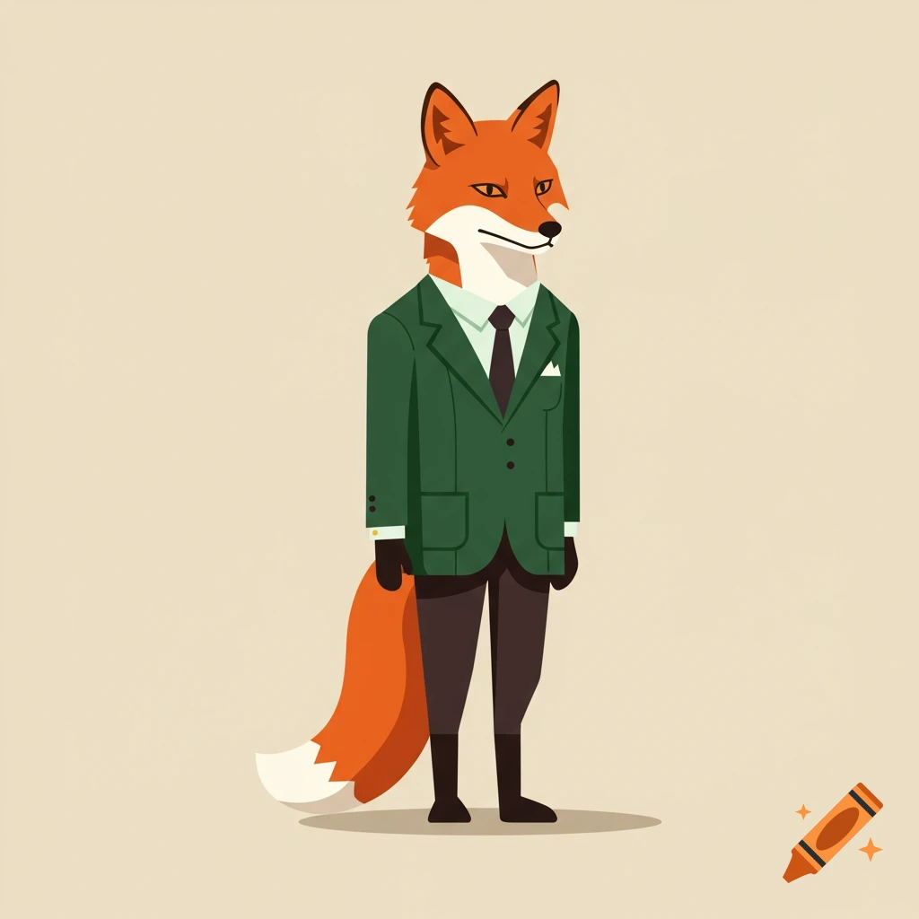 A stylized cartoon red fox stands on two legs, wearing a dark green sport coat, white shirt, and black tie.