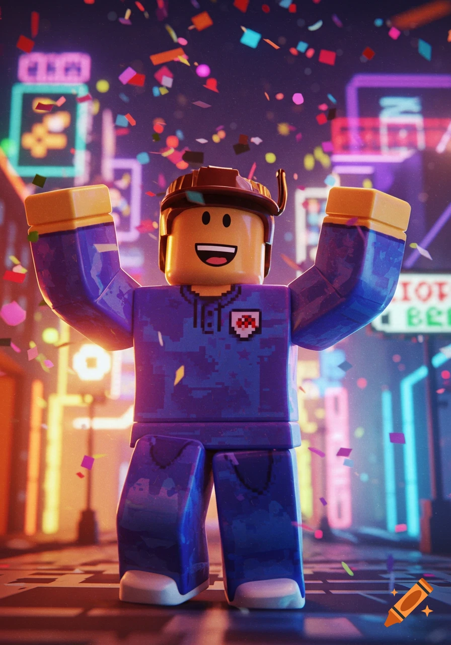 A happy Roblox-style character in a purple outfit celebrates with arms raised amidst colorful confetti and neon city lights.