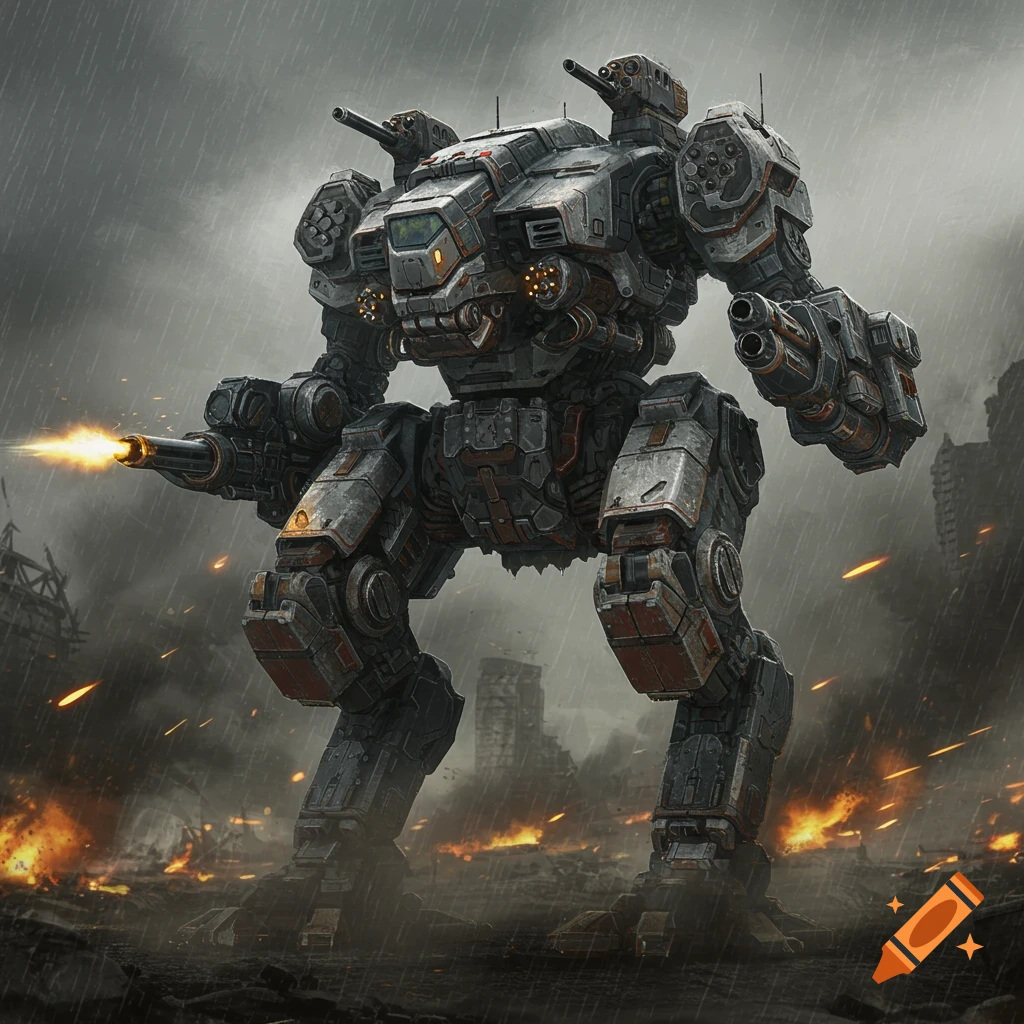 A heavily armed battlemech fires its weapon amidst a rainy, war-torn cityscape with explosions and smoke, in a sci-fi art style.