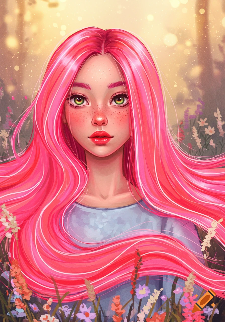 Vibrant digital art portrait of a girl with long, neon pink hair, freckles, and green eyes, surrounded by wildflowers in a glowing landscape.