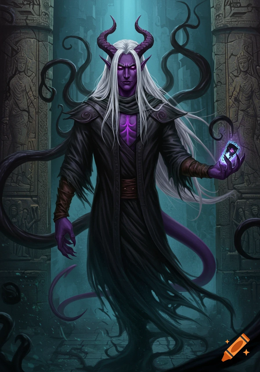 A powerful purple-skinned, white-haired Tiefling with horns stands amidst ancient ruins, holding a glowing magical artifact.