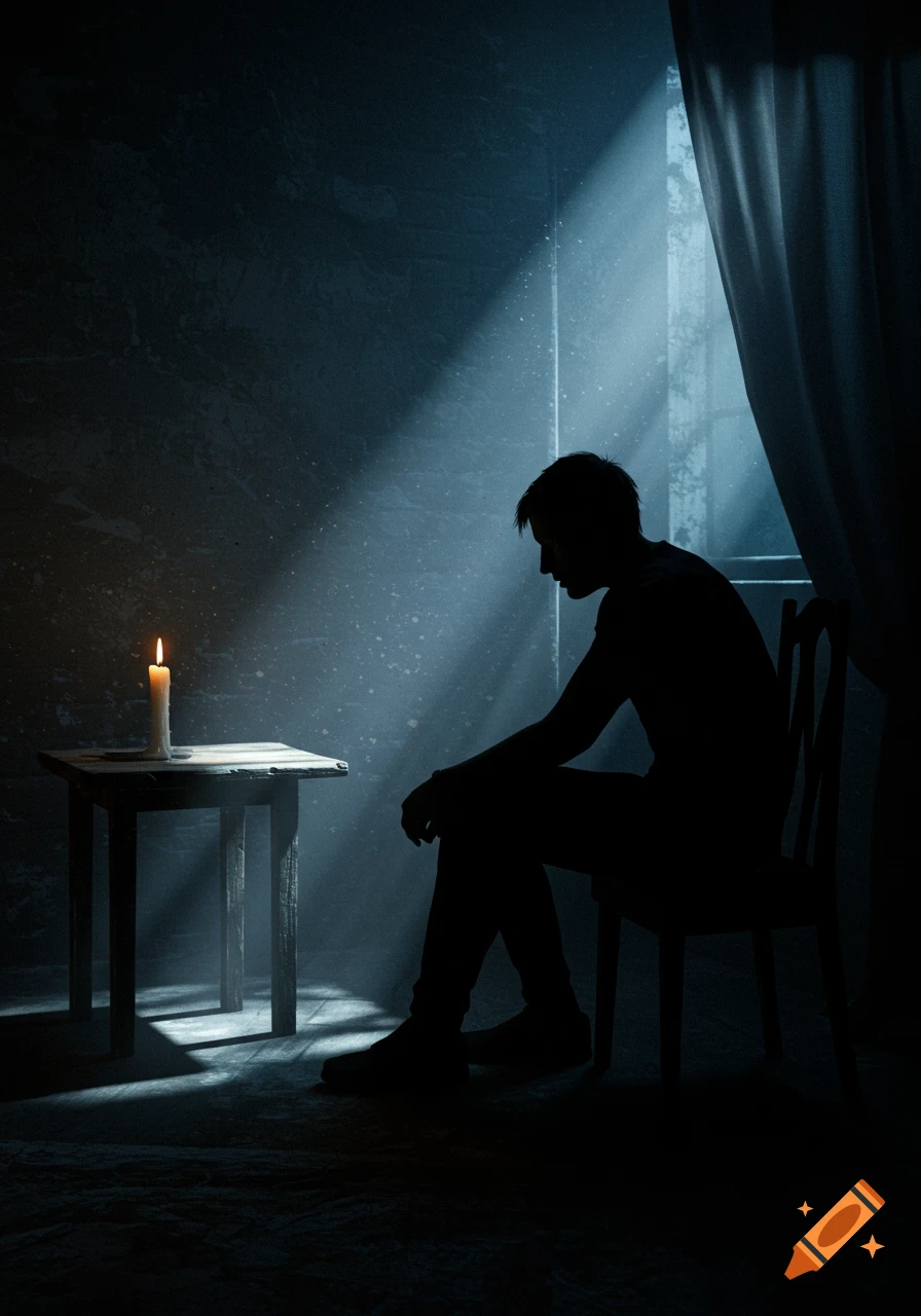 A dark silhouette of a person sits on a chair in a dimly lit room, illuminated by a single candle and a beam of moonlight from a window.