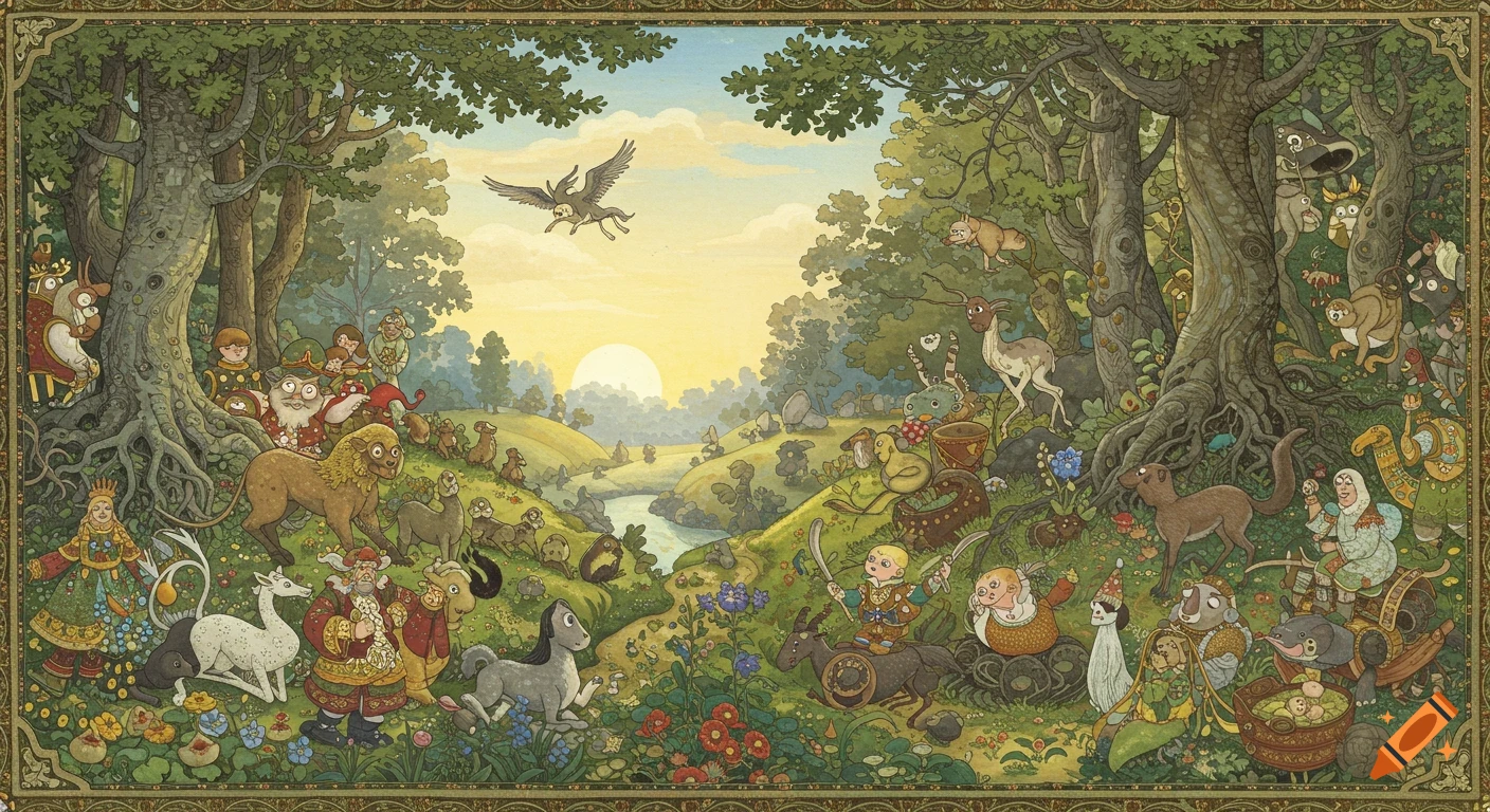 Whimsical folk art panorama of a lush forest at sunrise, teeming with curious, stylized mythical creatures and figures.