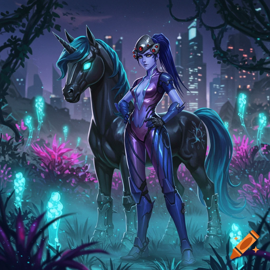 Widowmaker from Overwatch in a purple and blue suit stands with a black unicorn in a glowing fantasy forest with a futuristic city skyline.