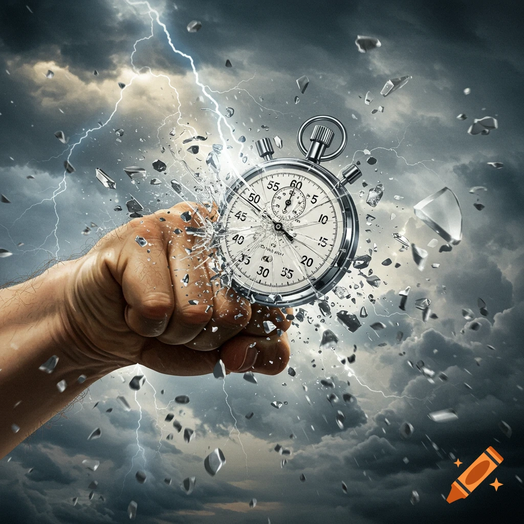 A close-up of a fist punching a stopwatch, causing it to shatter into pieces, against a dramatic stormy sky with lightning. Photorealistic.