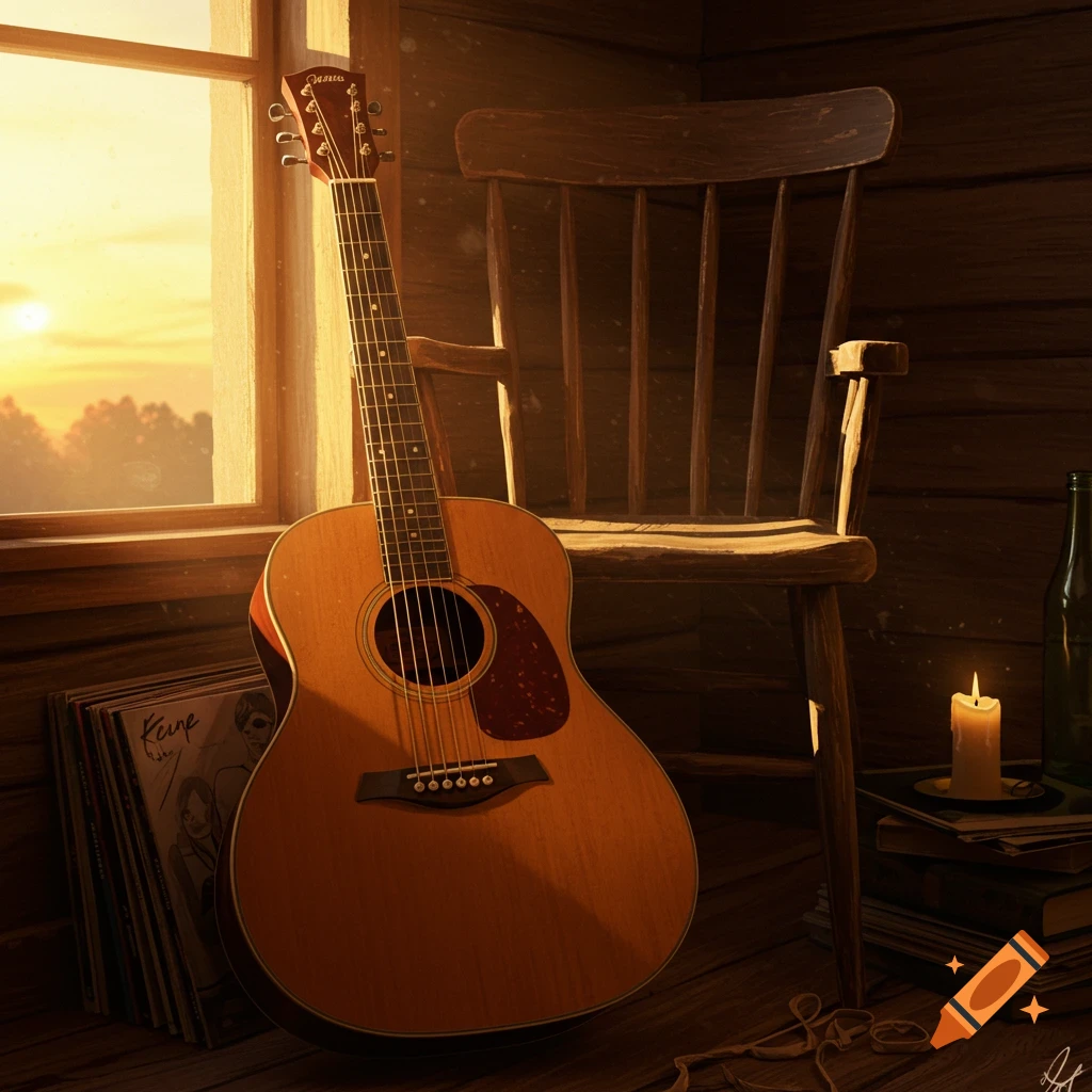 An acoustic guitar leans against a rustic wooden chair in a sunlit room, with vinyl records and a lit candle nearby.