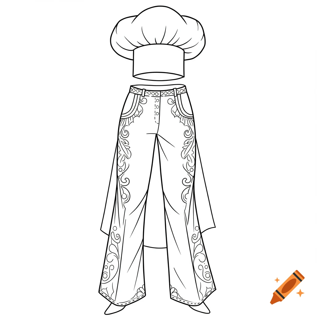 Black outline drawing of a chef hat above a pair of fancy pants with intricate patterns.