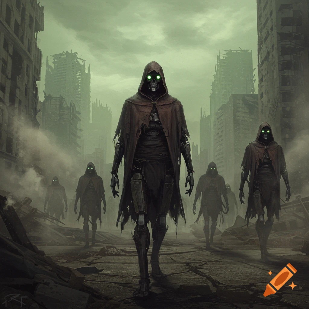 A group of hooded, skeletal robots with glowing green eyes walk through the ruins of a city in a post-apocalyptic, green-hued landscape.