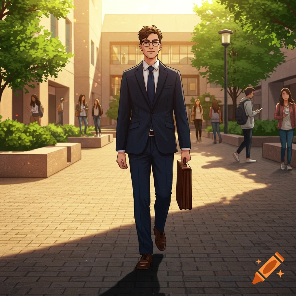 A male business student in a suit and tie walks across a sunny university campus, carrying a briefcase, in an anime style.