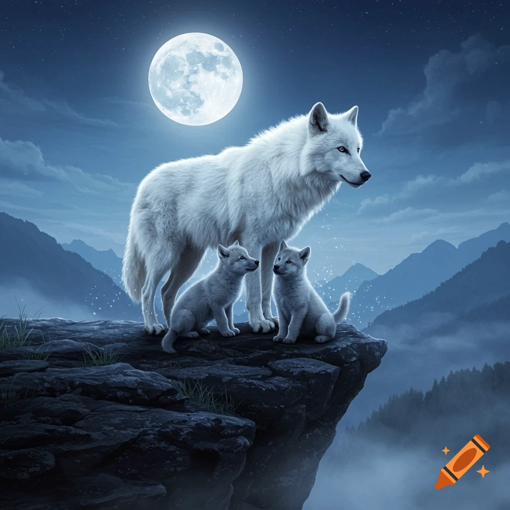 A majestic white wolf and two puppies stand on a rocky cliff under a bright full moon, with distant mountains.