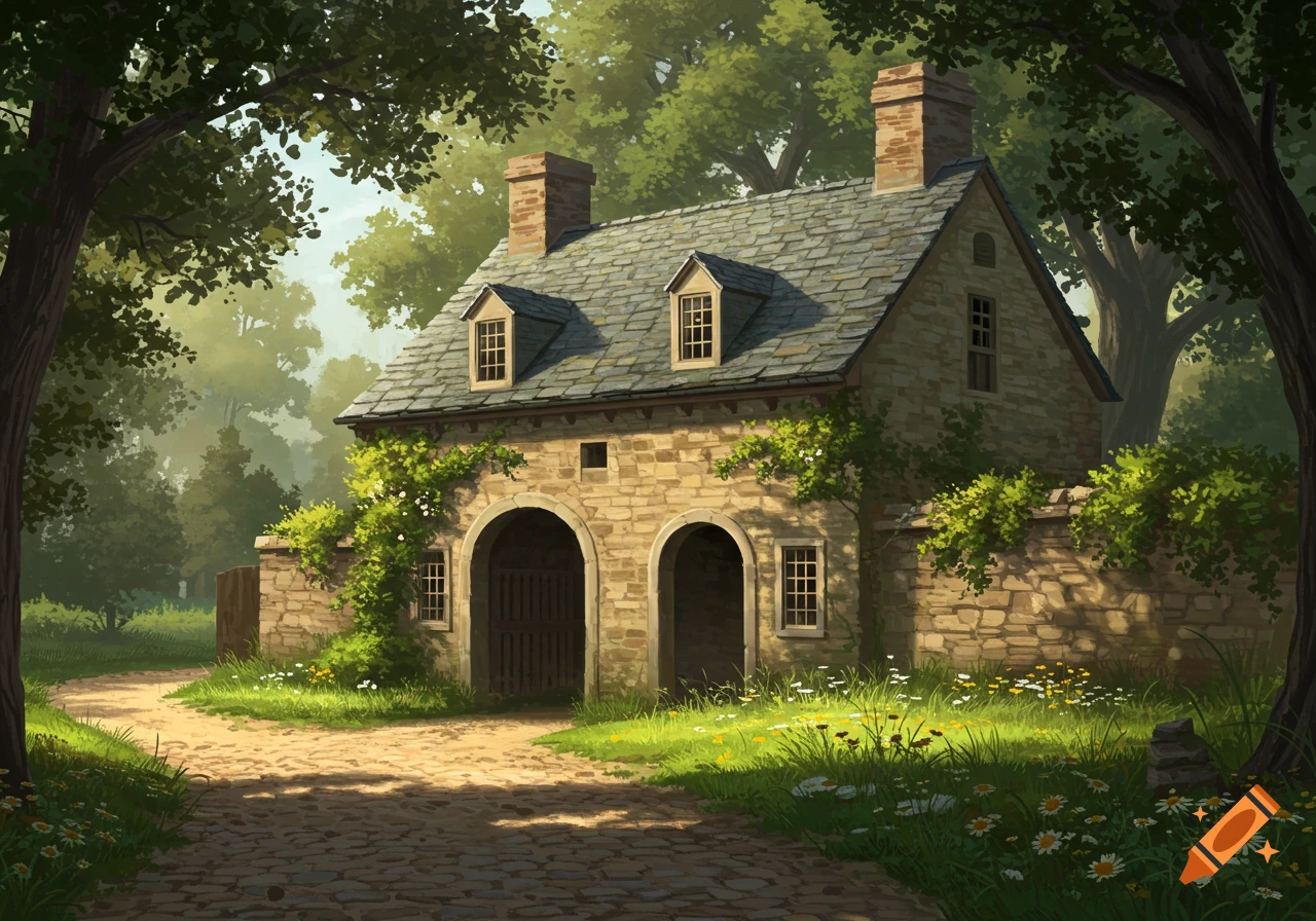 A quaint stone colonial gatehouse with two dormer windows and chimneys, nestled among trees and a winding cobblestone path with wildflowers under a sunny sky.