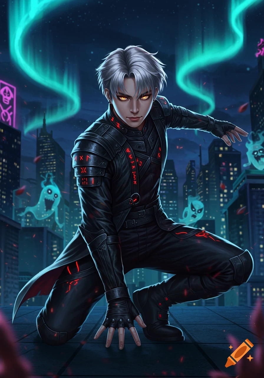 A white-haired male demon hunter in black armor with glowing red runes, crouching on a rooftop at night with a city skyline and aurora borealis background.