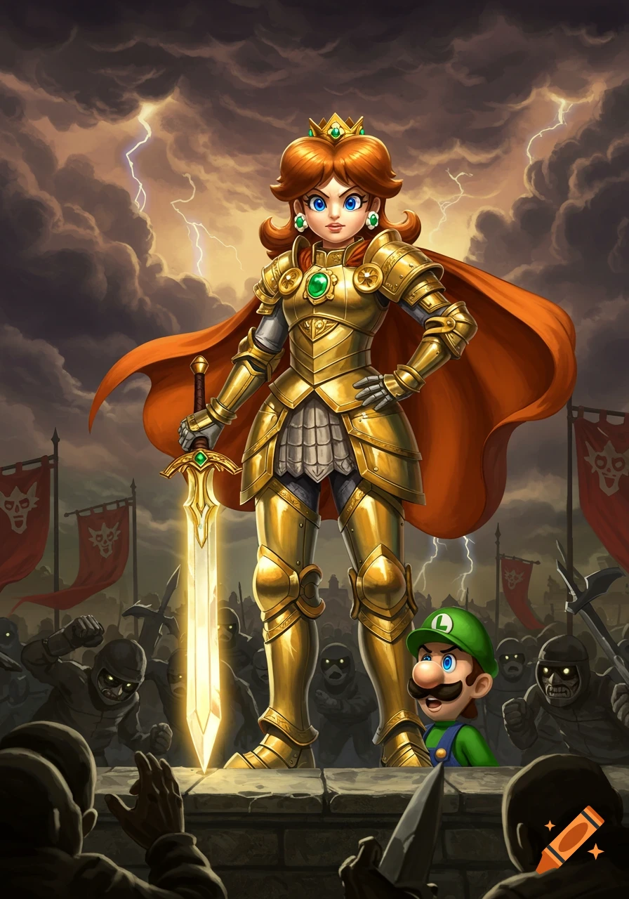 Princess Daisy in gleaming golden armor holds a glowing sword triumphantly on a battlefield with lightning, as Luigi watches from below.