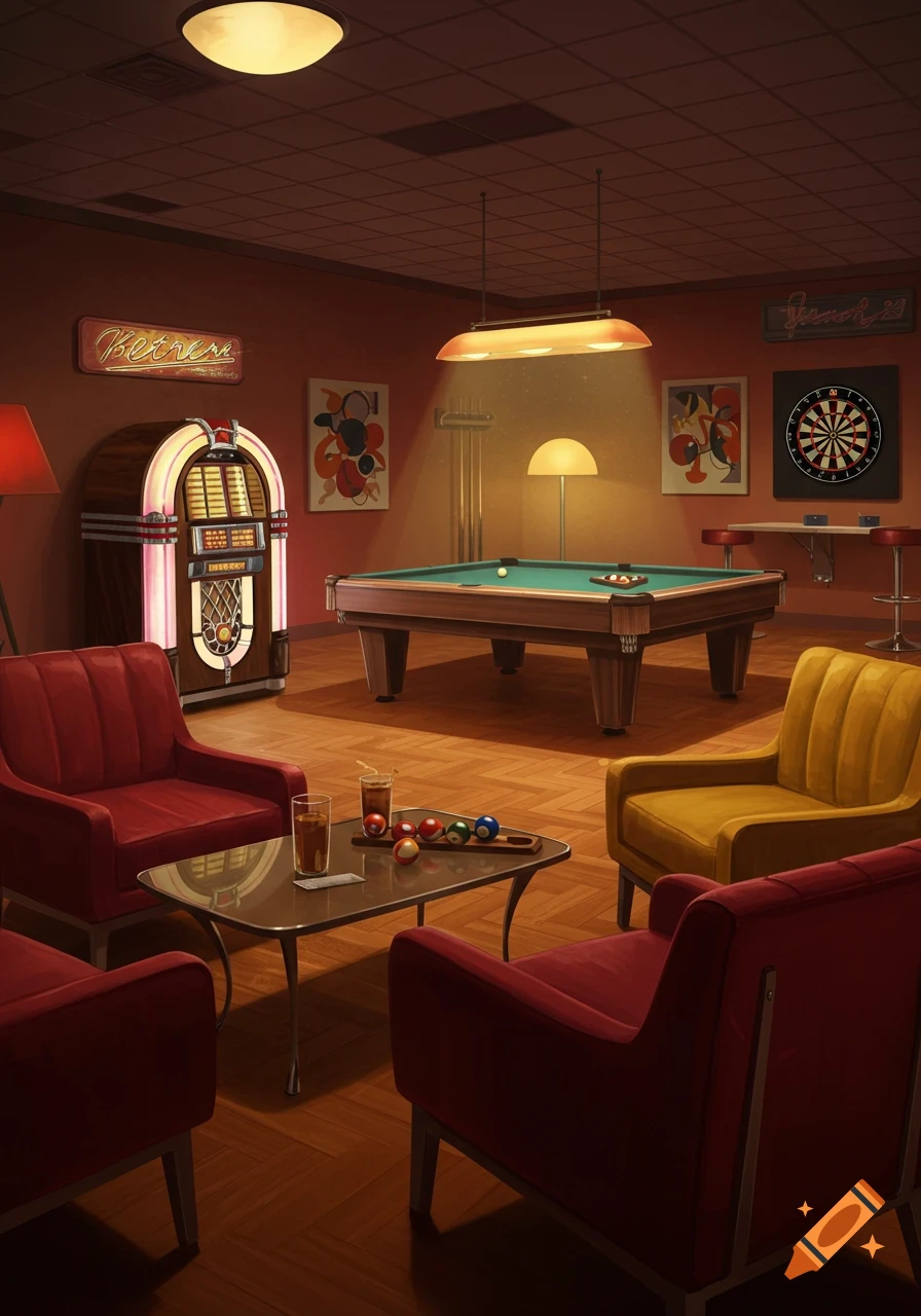 A retro-style rec room with a pool table, jukebox, dartboard, and red and yellow armchairs, bathed in warm light.