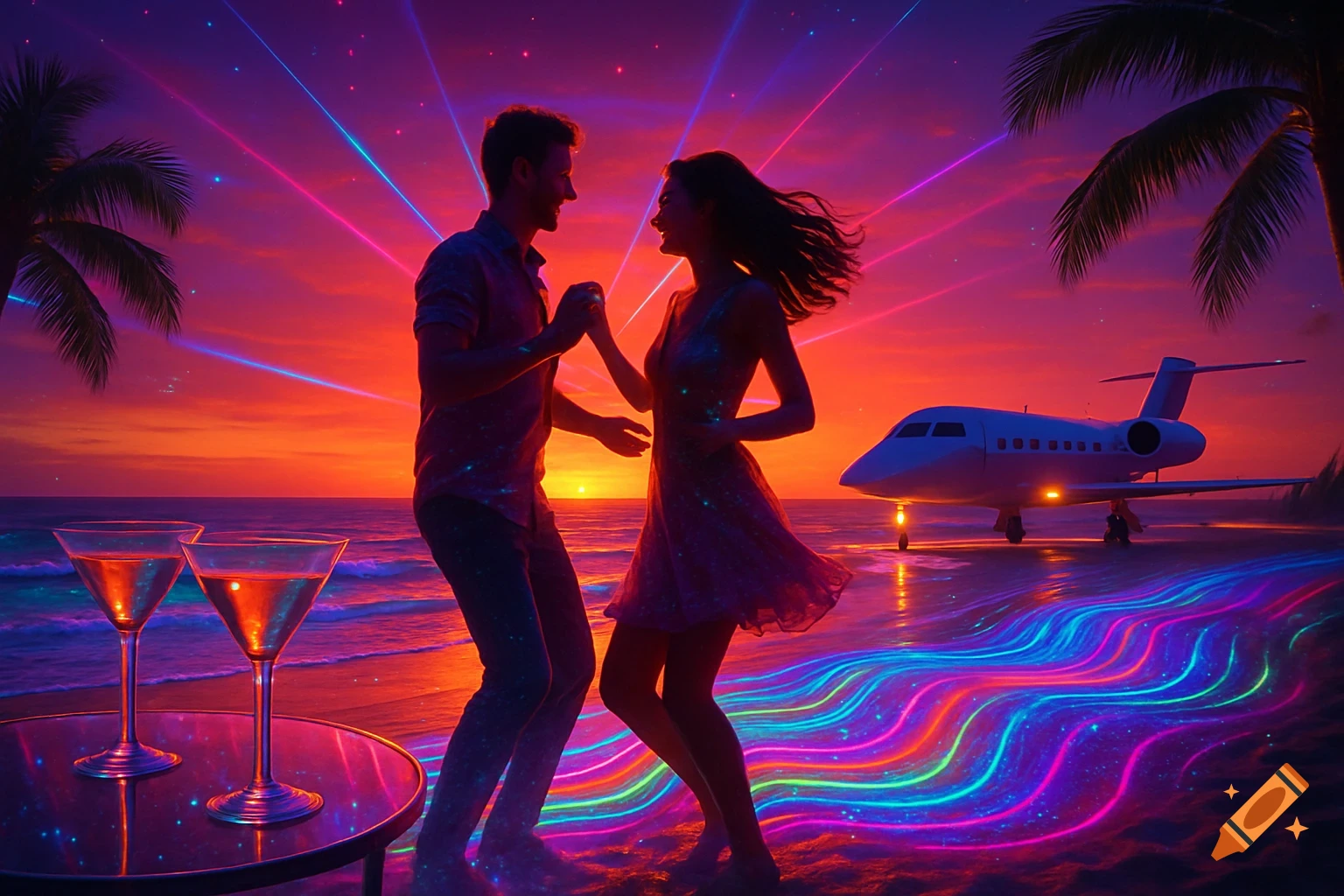 A couple dances on a neon-lit beach at sunset with a private jet, palm trees, and cocktails in a vibrant synthwave style.