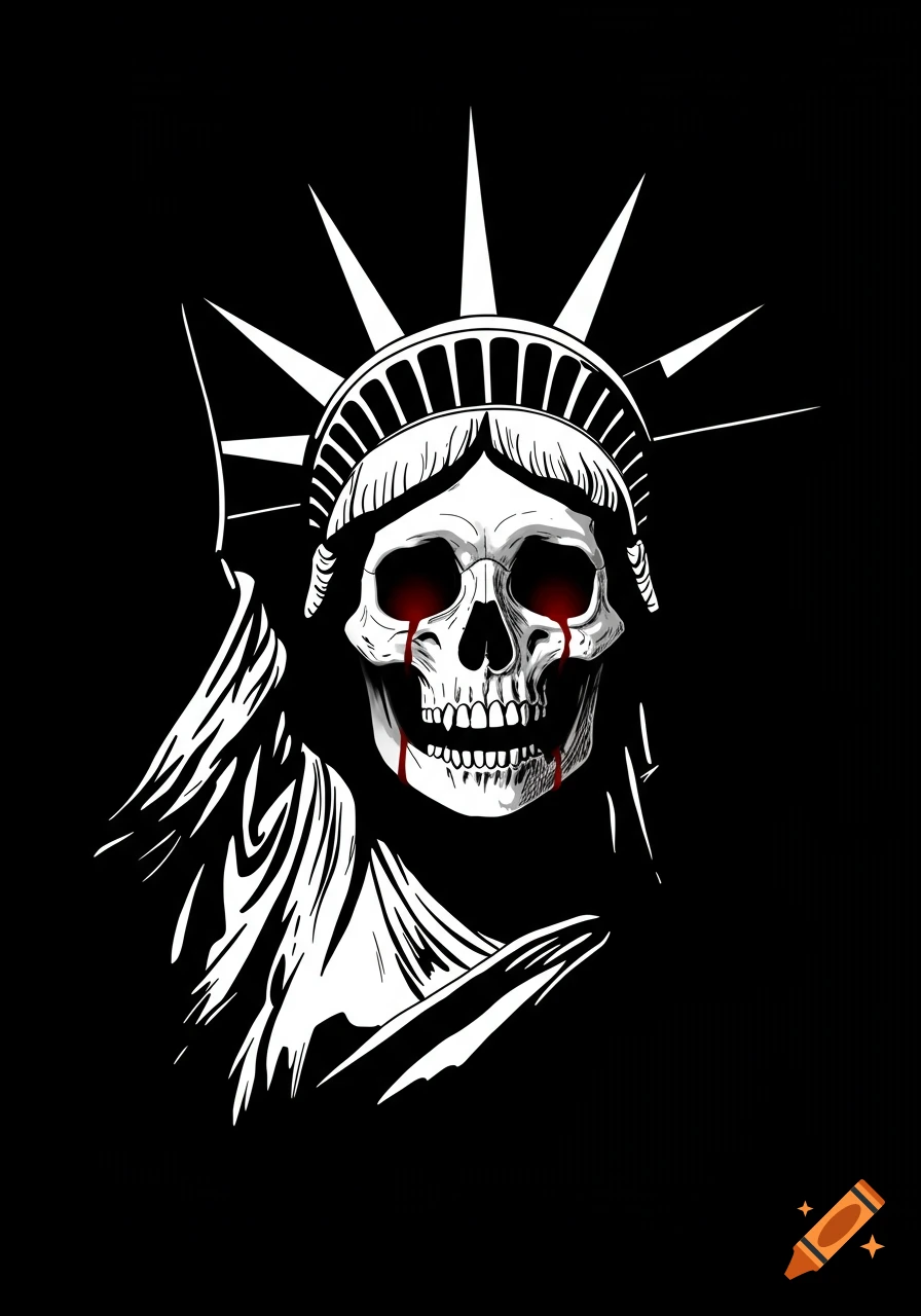 Black and white stylized drawing of the Statue of Liberty with a skull face and red blood tears, against a solid black background.