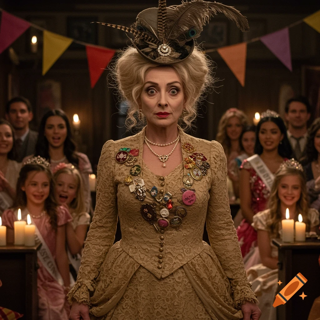 An older woman in an elaborate, lace dress covered in pins and a feathered hat looks wide-eyed at the viewer, surrounded by people at a pageant.