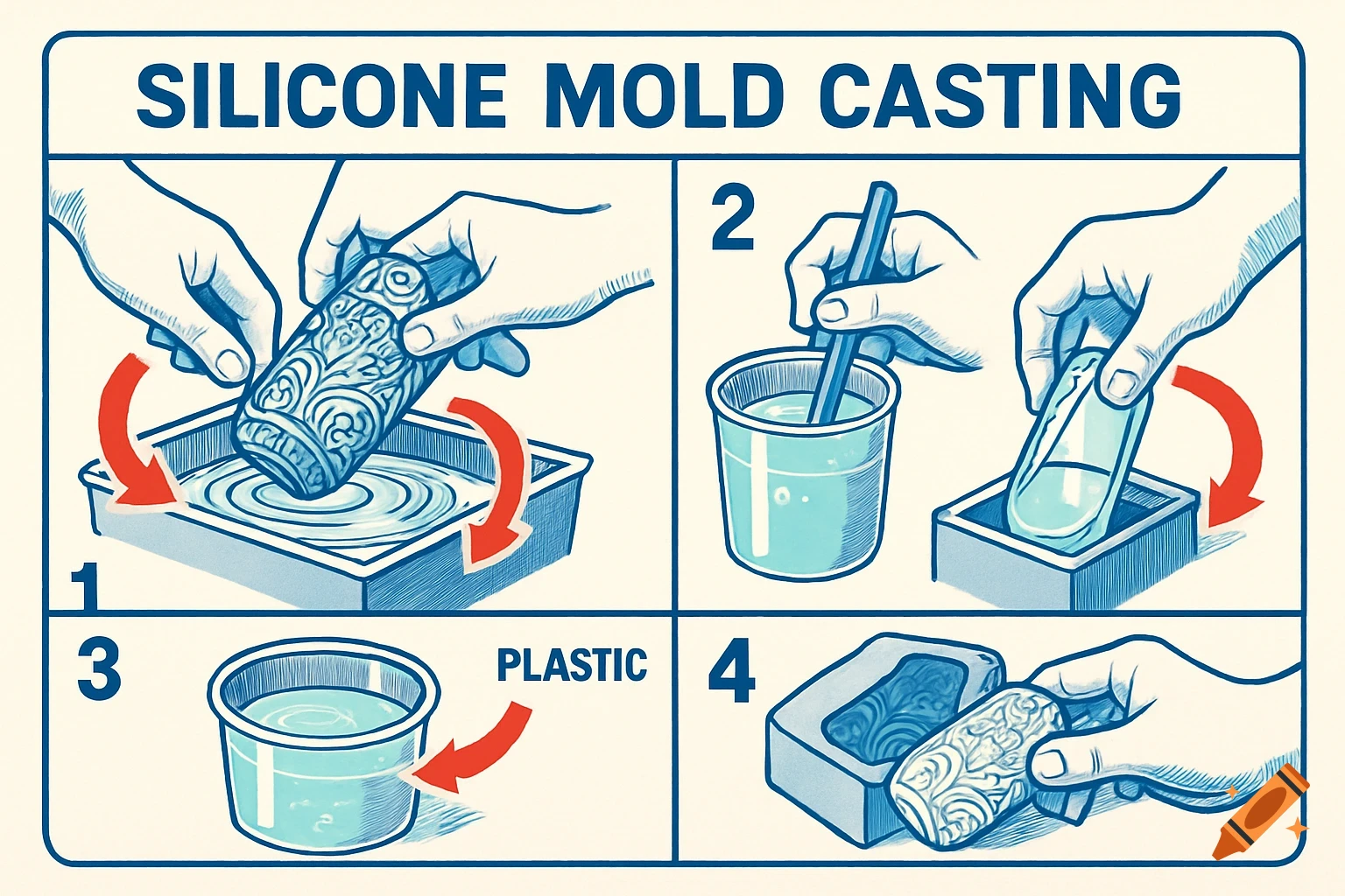 Instructional diagram showing four steps for silicone mold casting, with hands performing each step in an illustrated style.