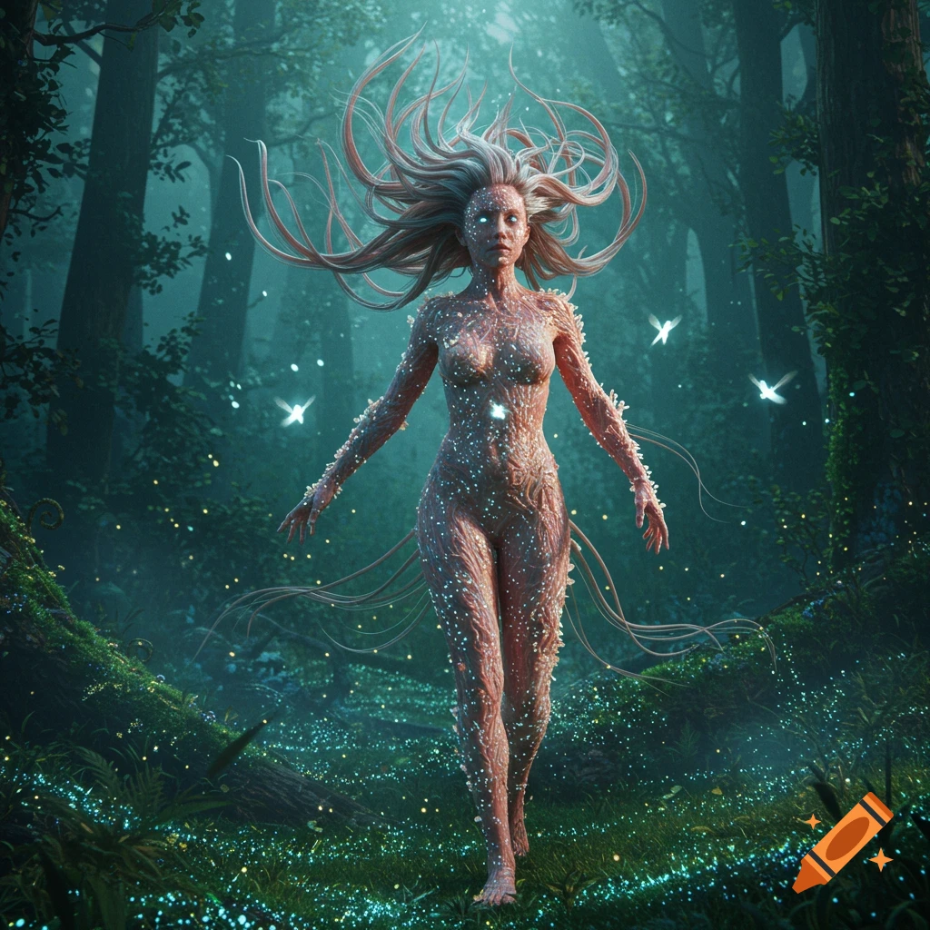 Fantasy art of a nude, root-textured woman with glowing skin and wild tendril hair in a magical, dark forest with glowing plants.
